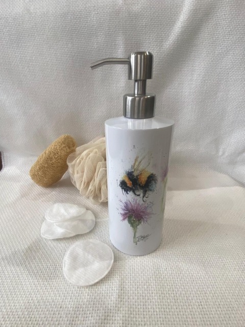 Bees & Flowers Watercolour Design, Liquid Soap Pump Dispenser, By Wildlife Artist Sandi Mower - image 1