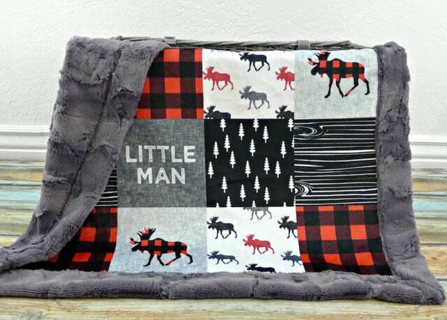 Personalized Minky Baby Blanket - Moose Faux Quilt Little Man Woodland Nursery Boy Gift - image 1