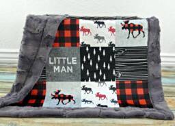 Personalized Minky Baby Blanket - Moose Faux Quilt Little Man Woodland Nursery Boy Gift - thumbnail 1
