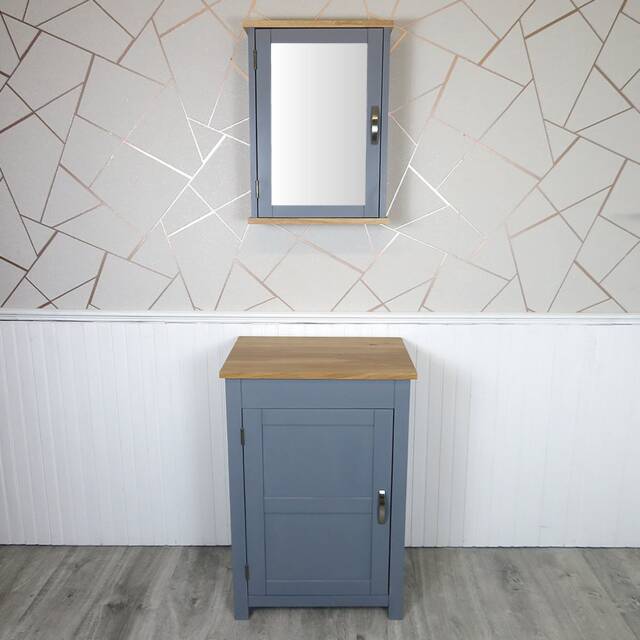 Slimline Bathroom Cabinet Vanity Unit - Grey Painted Furniture Solid Oak Top - image 1