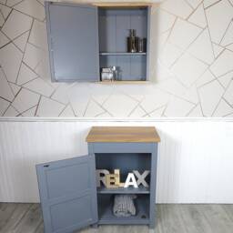 Slimline Bathroom Cabinet Vanity Unit - Grey Painted Furniture Solid Oak Top - thumbnail 2