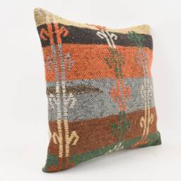 Handmade Turkish Kilim Pillow Embroidered Wool Cushion Cover - 18''x18'' - thumbnail 3
