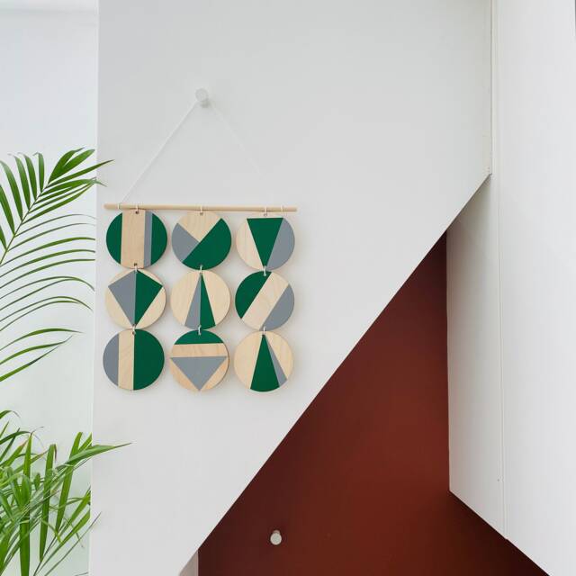 Geometric Wood Wall Hanging Green & Gray Scandi Boho Decor - image 1