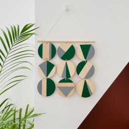 Geometric Wood Wall Hanging Green & Gray Scandi Boho Decor - thumbnail 2