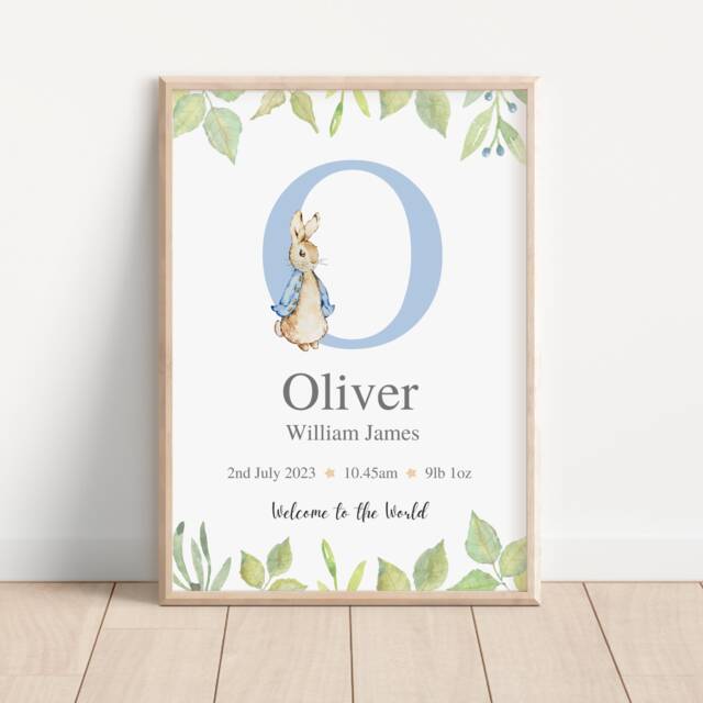 Peter Rabbit Birth Details Print - New Baby Gift Personalised Nursery Wall Art Blue Newborn Custom Present - image 1