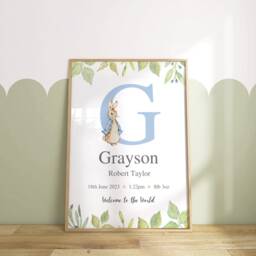 Peter Rabbit Birth Details Print - New Baby Gift Personalised Nursery Wall Art Blue Newborn Custom Present - thumbnail 3