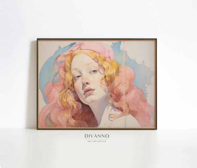 Woman Portrait in Pastel Colors Art Print, Apartment Wall Art, Modern Canvas Home Decor, Bedroom Printable Gift, Digital Poster - image 1