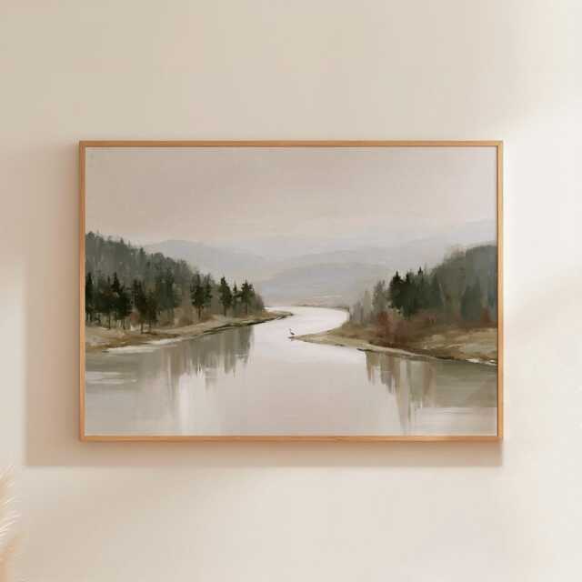 Misty River Poster, Pine Valley Print, Nature Wall Art, Paper - image 1