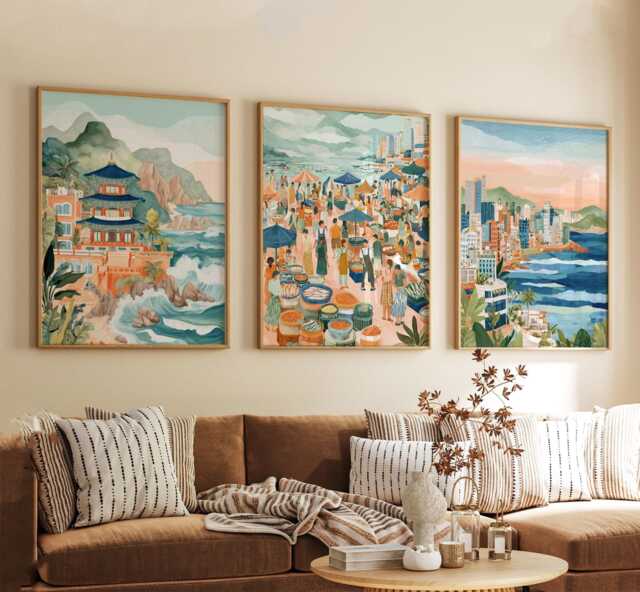 Busan South Korea Poster Set Of 3, Vintage Inspired Coastal City Wall Art, Neutral Travel Prints - image 1