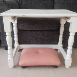 Handmade Low Footstool Salmon Linen Look Upholstered Footrest With Button, Ud - thumbnail 2
