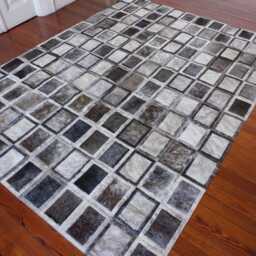 Cowhide Patchwork Rug Gray Shades & Rectangles - Custom Handmade - thumbnail 3