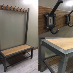 Industrial Hallway Bench With Oak Seat - Steel Frame, Shoe Storage, Coat Rack - thumbnail 2