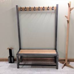 Industrial Hallway Bench With Oak Seat - Steel Frame, Shoe Storage, Coat Rack - thumbnail 3