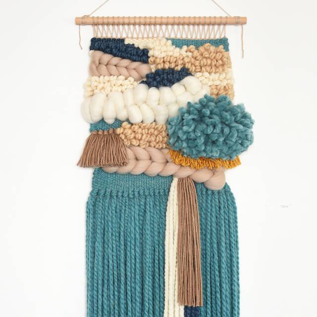 Handcrafted Woven Wall Hanging Boho Textile Art, Blue & Warm Tones - image 1