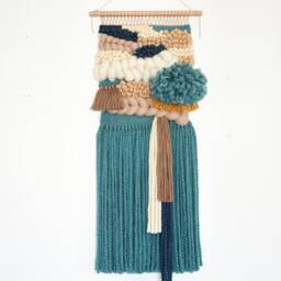 Handcrafted Woven Wall Hanging Boho Textile Art, Blue & Warm Tones - thumbnail 3