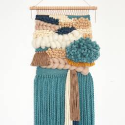 Handcrafted Woven Wall Hanging Boho Textile Art, Blue & Warm Tones - thumbnail 1