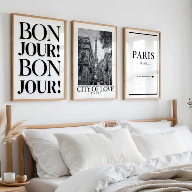 Set Of 3 Paris Prints, Eiffel Tower Wall Art, Bonjour, City Home Decor, White & Black - image 1
