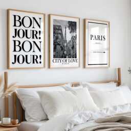 Set Of 3 Paris Prints, Eiffel Tower Wall Art, Bonjour, City Home Decor, White & Black - thumbnail 1