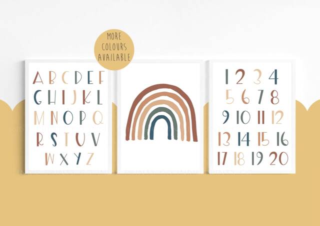 Abc Prints, Number Nursery Playroom Decor, Boys Room Girls Bedroom Boho Nursery, Kids - image 1
