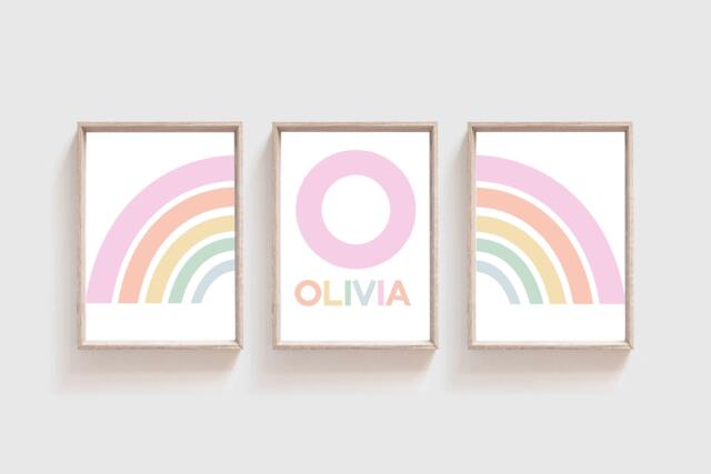 Set Of 3 Girls Nursery Prints, Pastel Colours, Personalised, Rainbow Wall Art, Bedroom Playroom Art - image 1