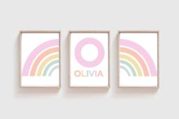 Set Of 3 Girls Nursery Prints, Pastel Colours, Personalised, Rainbow Wall Art, Bedroom Playroom Art - thumbnail 1
