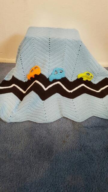 Light Blue Crochet Baby Blanket. Orange Green Cars. Crochet Baby Throw. Handmade Afghan.crochet Afghan. Gift - image 1