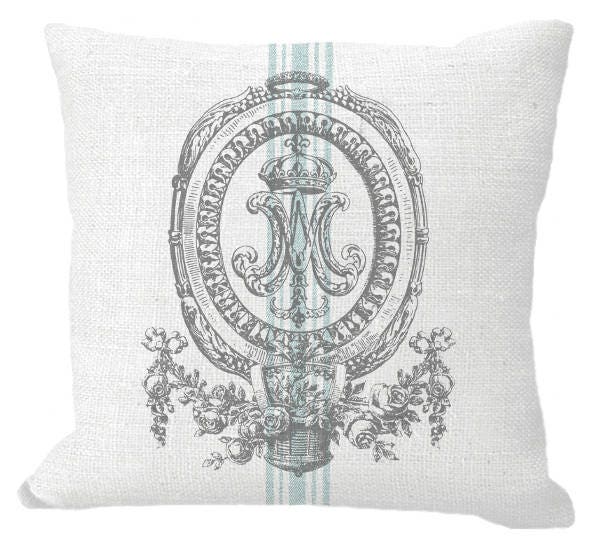 Marie Antoinette Crowned Monogram Aqua Grain Sack 24x24 Cream Burlap