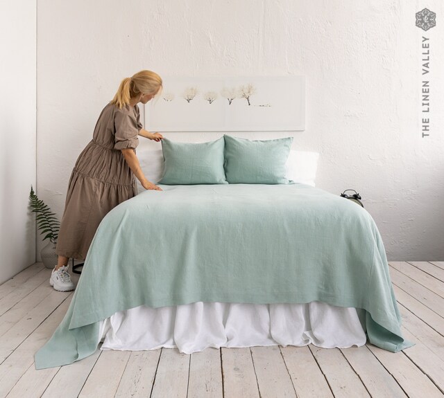 Duck Egg Blue Linen Bedspread - Light King/Queen Size Bed Cover Heavier Throw Colour - image 1