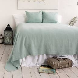 Duck Egg Blue Linen Bedspread - Light King/Queen Size Bed Cover Heavier Throw Colour - thumbnail 2