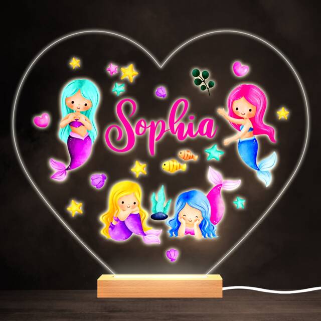 Watercolour Cute Mermaids Colourful Heart Personalised Gift Led Lamp Night Light - Bedroom - image 1