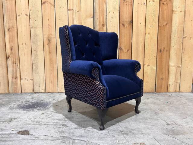 Navy Blue Velvet & Copper Patterned Chesterfield Wingback Fireside Chair, British Handmade - image 1