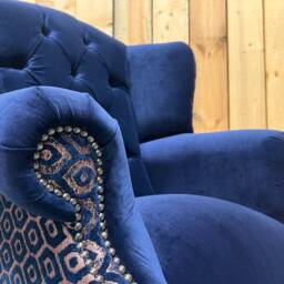 Navy Blue Velvet & Copper Patterned Chesterfield Wingback Fireside Chair, British Handmade - thumbnail 3