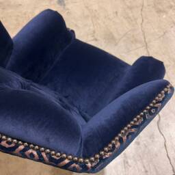 Navy Blue Velvet & Copper Patterned Chesterfield Wingback Fireside Chair, British Handmade - thumbnail 4