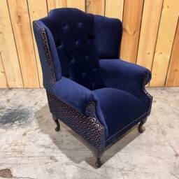 Navy Blue Velvet & Copper Patterned Chesterfield Wingback Fireside Chair, British Handmade - thumbnail 2