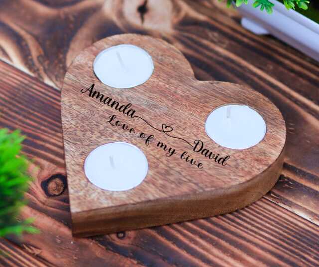 Personalised Wooden Heart Tea Light Candle Holder - Couple's Gift - image 1