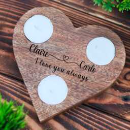 Personalised Wooden Heart Tea Light Candle Holder - Couple's Gift - thumbnail 3