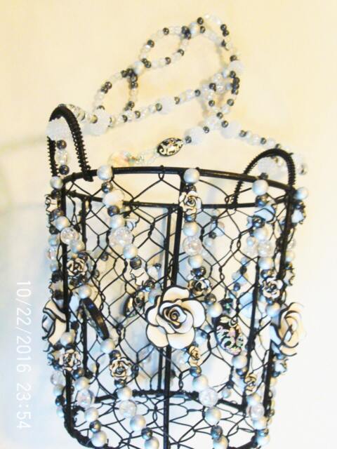 Handmade Beaded Hanging Basket White Roses, Crystal Suncatcher - image 1