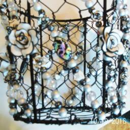 Handmade Beaded Hanging Basket White Roses, Crystal Suncatcher - thumbnail 2