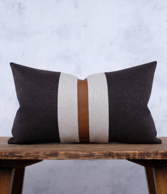 Faux Leather Color Block Lumbar Pillow Cover, Mid Century Boho Decor - image 1