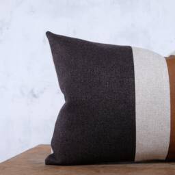 Faux Leather Color Block Lumbar Pillow Cover, Mid Century Boho Decor - thumbnail 3