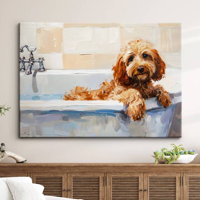Cockapoo Bath Tub Dog Bathroom Oil Painting Framed Poster Print Or Canvas Wall Decor Art Bedroom Home Interior Gift For Pet Lover - image 1