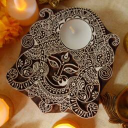 Durga Goddesses Wooden Candle Holder Gift For Pooja Diwali Indian Festivals Large Size Tea Light Candle Traditional Gift - thumbnail 2