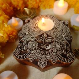 Durga Goddesses Wooden Candle Holder Gift For Pooja Diwali Indian Festivals Large Size Tea Light Candle Traditional Gift - thumbnail 4
