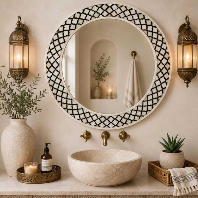 Handmade Black Bone Inlay Moroccan Trellis Pattern Decorative Round Mirror, Art Deco Entryway Mirror - image 1
