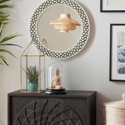 Handmade Black Bone Inlay Moroccan Trellis Pattern Decorative Round Mirror, Art Deco Entryway Mirror - thumbnail 4