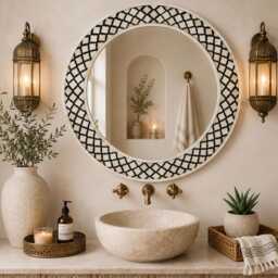 Handmade Black Bone Inlay Moroccan Trellis Pattern Decorative Round Mirror, Art Deco Entryway Mirror - thumbnail 1