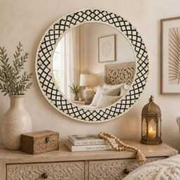 Handmade Black Bone Inlay Moroccan Trellis Pattern Decorative Round Mirror, Art Deco Entryway Mirror - thumbnail 3