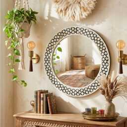 Handmade Black Bone Inlay Moroccan Trellis Pattern Decorative Round Mirror, Art Deco Entryway Mirror - thumbnail 2