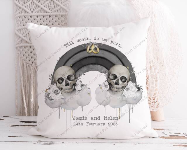 Personalised Wedding Pillow, Gift, His & Her Skulls, Newlyweds Gift, Gothic Wedding, Gift For Bride Groom Skulls - image 1