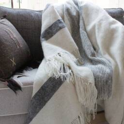 Moroccan 100% Wool Throw, Hand-Loomed Ivory With Black Pattern - thumbnail 2